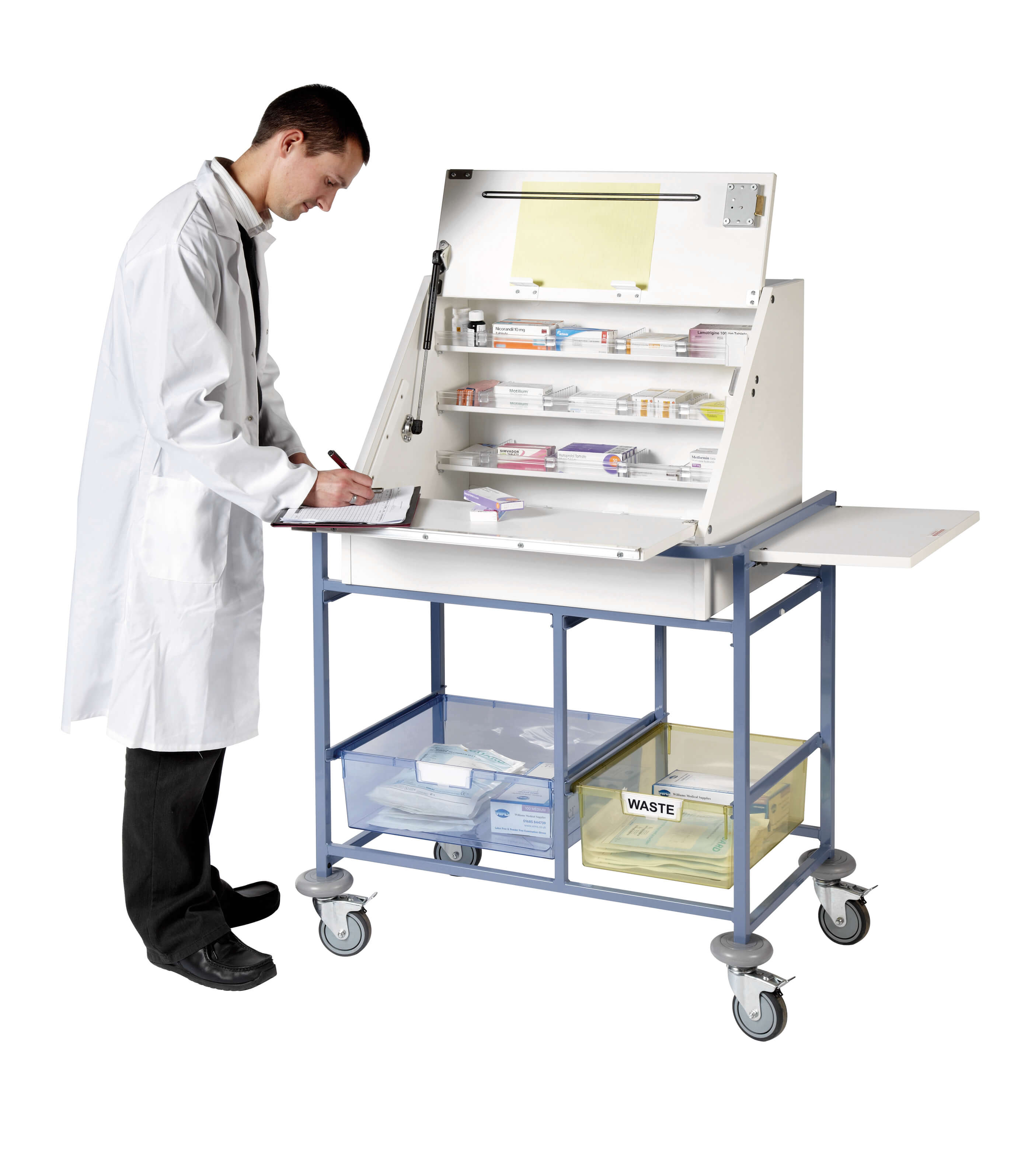 Ward Drug & Medicine Dispensing Trolley (keyed to differ) - Large Capacity with divider system & 2 storage trays [Sun-WDT50-KD]
