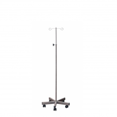Brushed Stainless Steel Drip Stand with Weighted Base - 2 Chrome Hooks, Anti-static Castors [Sun-IV08]